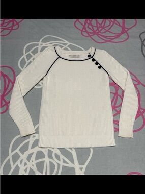 LOFT White Sweater With Black Trim and Button Details